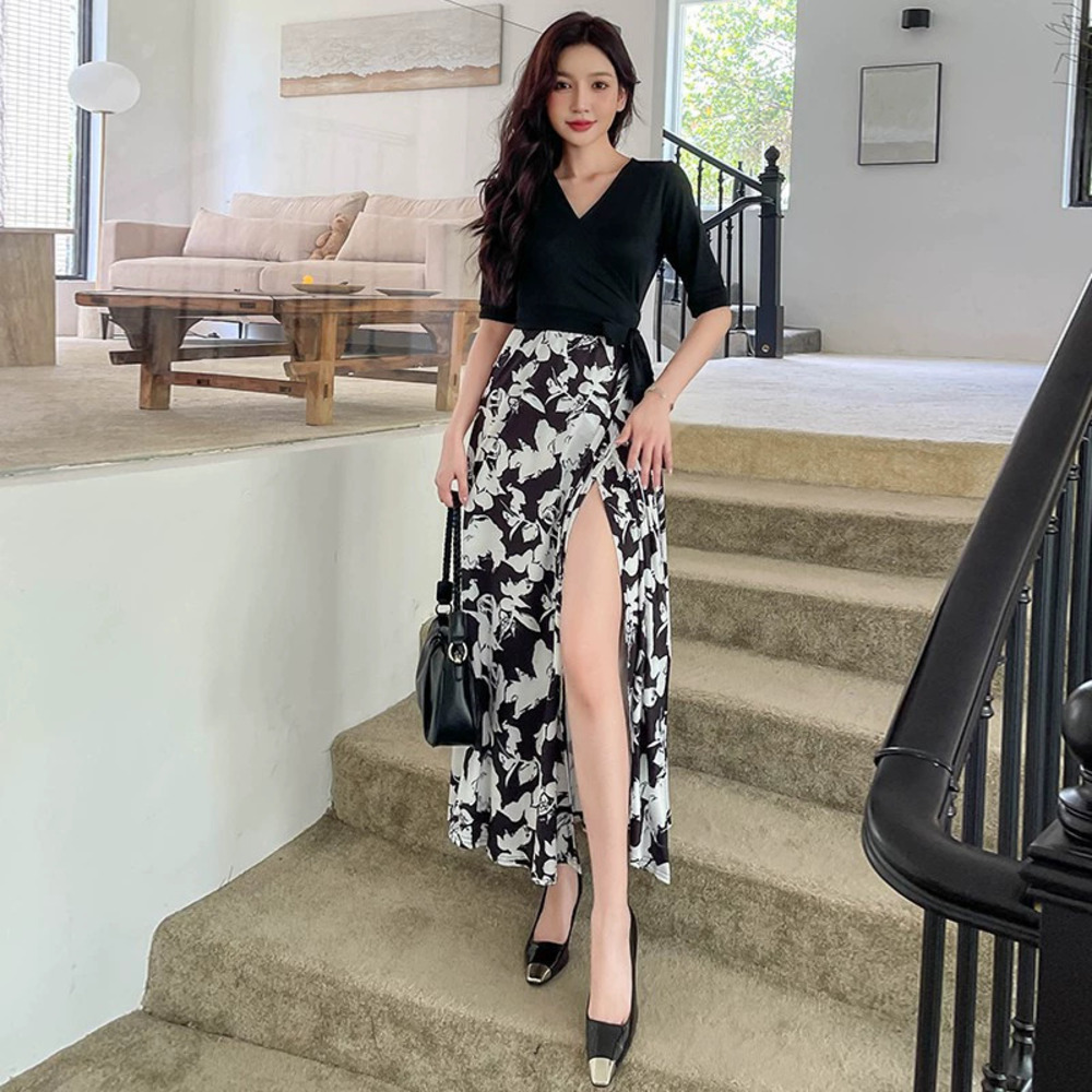 Resort Print Patchwork One Piece Beach Wrap Long Dress with Slit and Tie